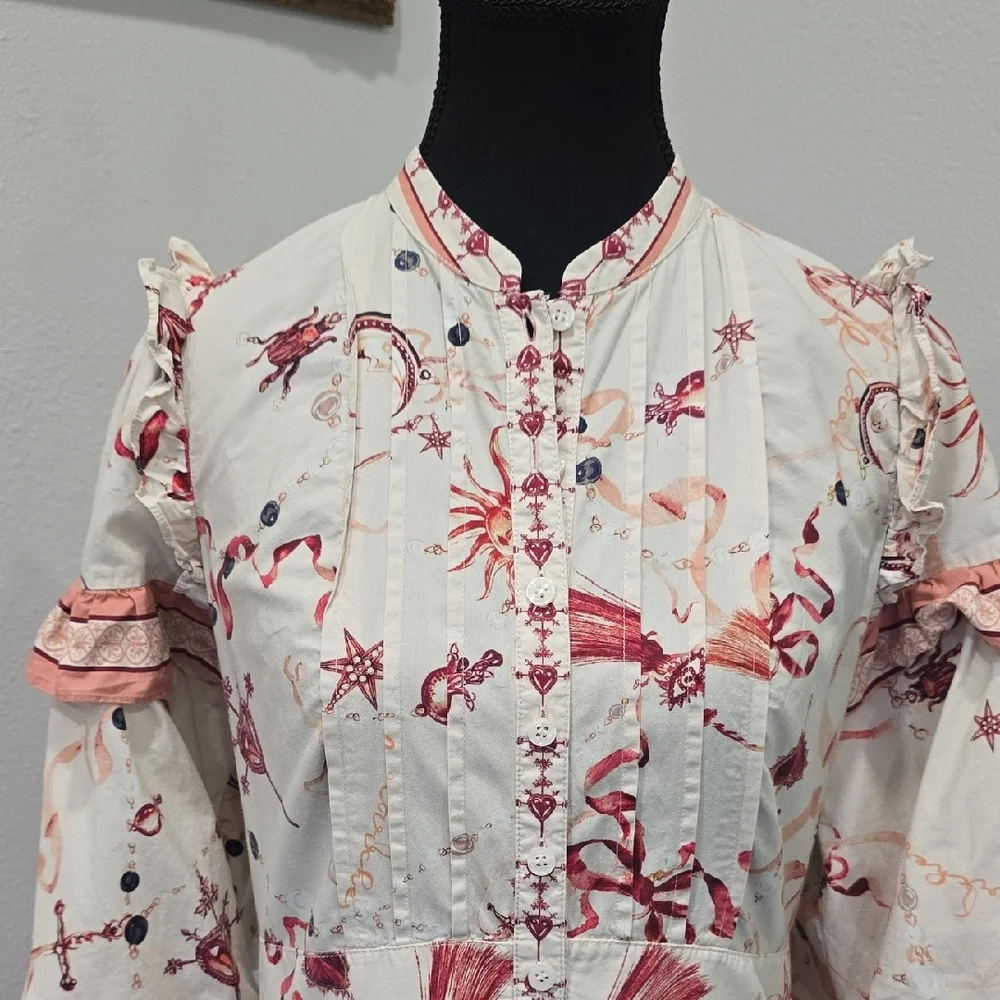 Marchesa Rosa Parker Midi Dress Button Down Puff Sleeve Cream Red Size 8 - Picture 7 of 10